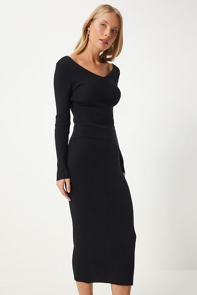 Happiness İstanbul Black Corduroy Blouse and Knitwear Skirt Set - Fn03362