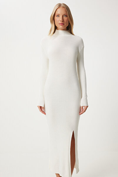 Happiness İstanbul Pletené šaty Ecru Saran - stojáček a rozpark Dd01338
