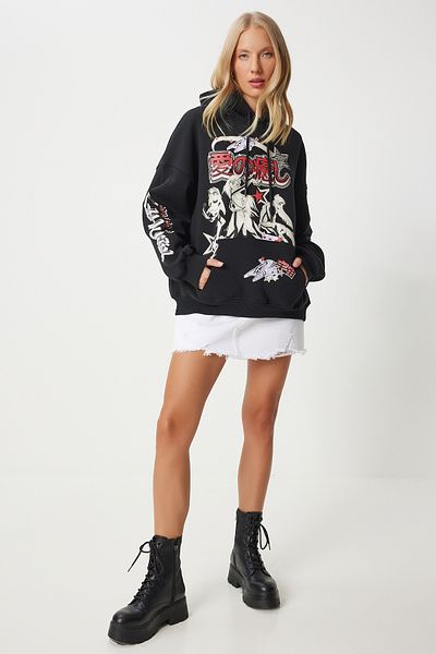 Happiness İstanbul Schwarzes bedrucktes Damen-Strick-Sweatshirt – Kapuze und Kapuze VN00013