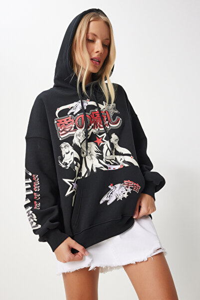 Happiness İstanbul Γυναικείο πλεκτό φούτερ με μαύρη στάμπα - Hoodie & Riser VN00013