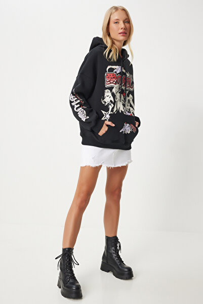 Happiness İstanbul Γυναικείο πλεκτό φούτερ με μαύρη στάμπα - Hoodie & Riser VN00013