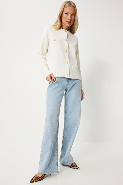 Happiness İstanbul Dámský svetr se strukturovaným úpletem – stylová kostěná barva, zapínání Dp00211