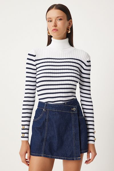 Happiness İstanbul Turtleneck Striped Women's Knitwear Sweater - Ecru Navy Blue Seasonal Fn03358