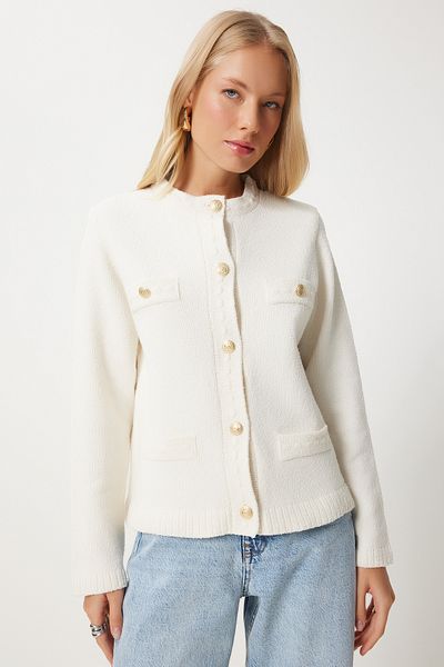 Happiness İstanbul Damen-Strickjacke mit Textur – stilvolle Knochenfarbe, geknöpft DP00211