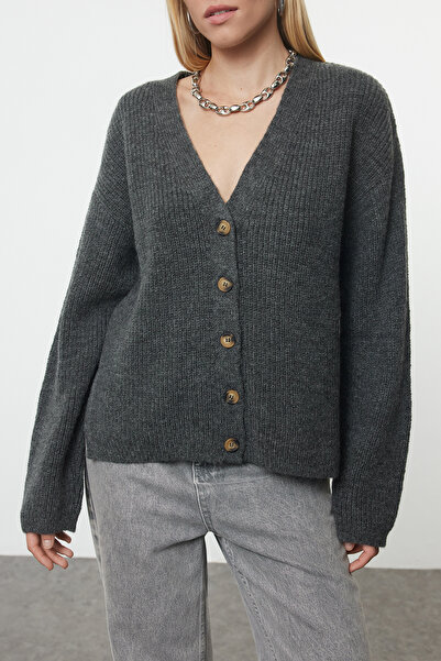 Trendyol Collection Anthracite Soft Textured Knitwear Cardigan - Sustainable Twoaw25Hi00316
