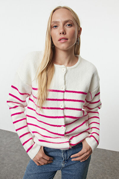 Trendyol Collection Soft Textured Ecru Striped Knitwear Cardigan - TWOAW25HI00231