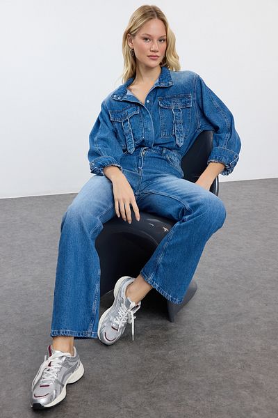 Trendyol Collection Blue Cargo Pocket Detailed Denim Jumpsuit Twoaw25Tu00009