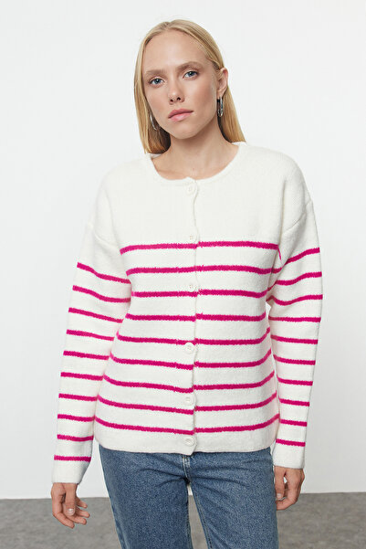 Trendyol Collection Soft Textured Ecru Striped Knitwear Cardigan - TWOAW25HI00231