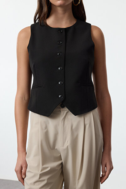 Trendyol Collection Black Fitted Crop Woven Vest Twoaw25Ye00055