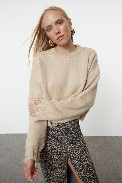 Trendyol Collection Pulover de tricotaj crop super lat cu textura moale - Stone TWOAW24KZ00319