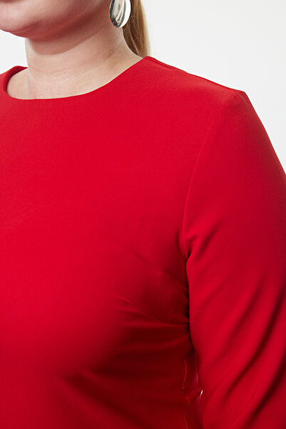 Trendyol Curve Plus Size Hidden Zip Long Sleeve Mini Dress - Red Basic Woven TBBAW25AH00054