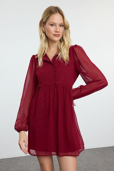 Trendyol Collection Μπορντό Μίνι υφαντό χειμερινό φόρεμα με ανοιχτή μέση TWOAW25EL00352