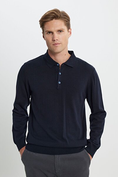 ALTINYILDIZ CLASSICS Чоловічий темно-синій светр з бавовняного трикотажу стандартного крою з коміром-поло