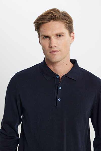 ALTINYILDIZ CLASSICS Чоловічий темно-синій светр з бавовняного трикотажу стандартного крою з коміром-поло