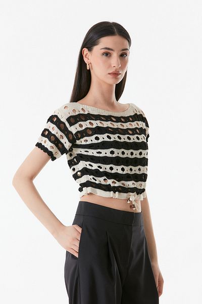 Fulla Moda Striped Openwork Waist Lace Up Crop Blouse