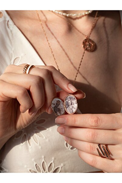 LİNYA JEWELLERY Beyaz Mineli Kutup Yıldızı Madalyon Kolye Rose