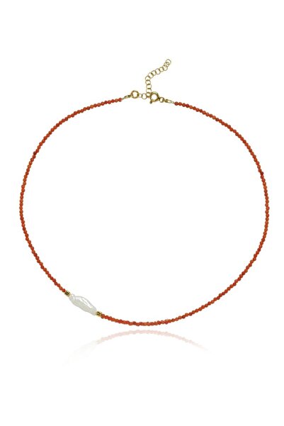 LİNYA JEWELLERY Kely Kırmızı Mercanlı Küçük İncili Kolye