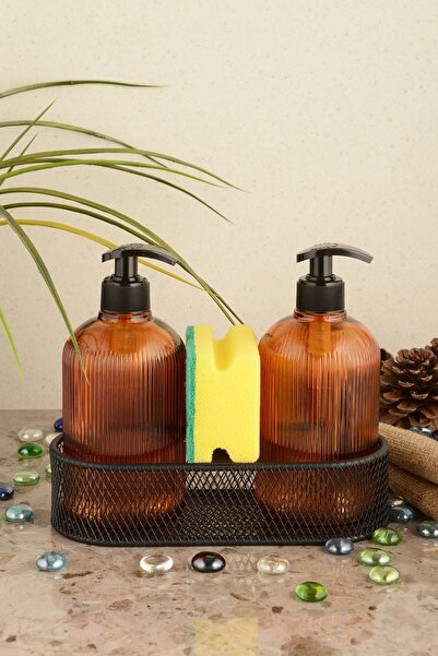 ANGDESİGN Δοχείο υγρού σαπουνιού Angdesign Marine Glass 2 τεμαχίων-μεταλλικό μαύρο με βάση-κεχριμπαρένιο