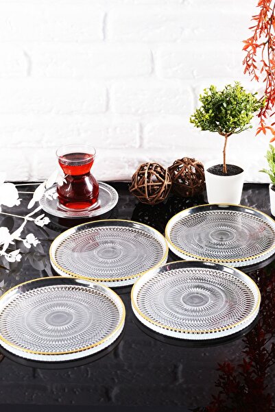 ANGDESİGN Angdesign Marseille Glass Dessert Plate 4-Piece Transparent/Golden Edge Gilt-16 Cm
