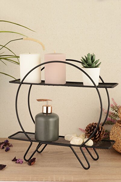 ANGDESİGN Halka Dekoratif Metal Duvar Rafı-2 Katlı Siyah
