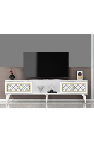 DEMONTE DECOR 2 Kapaklı, Raflı Herry Tv Sehpası Alt Modül Beyaz-altın