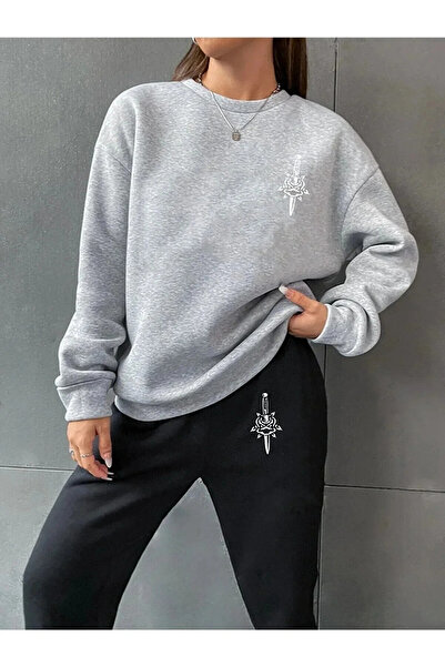 Pink Sky Sword Printed Oversize Women's Tracksuit Set - Crew Neck