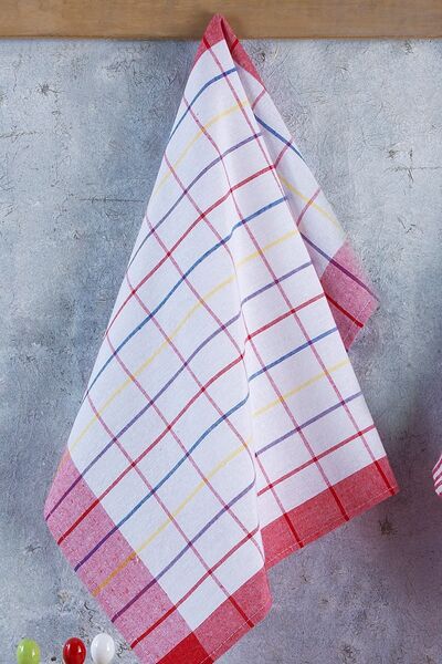LADYNİL Set of 4 Kitchen Towels - German Napkin 50x70 cm 100% Cotton and Washed Pöti Checkered Red