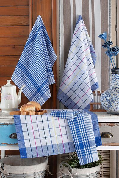 LADYNİL Set prosoape de bucătărie 4 piese și șervețel german 50x70 cm 100% bumbac și albastru carouri Pöti spălat