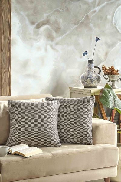 LADYNİL 2-Piece Natural Throw Pillow Cover - 45X45 Anthracite Zippered