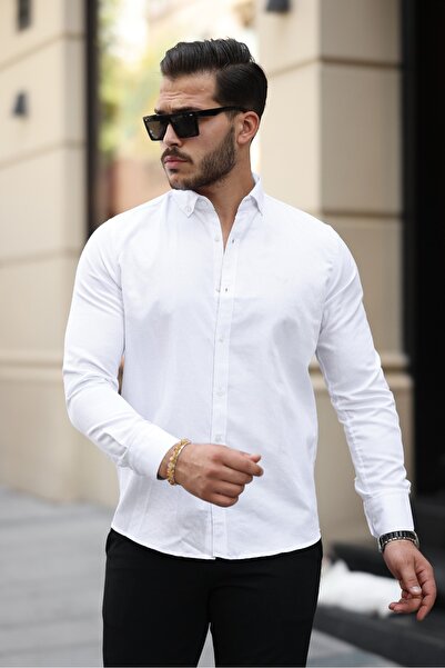 Twenhil Dar Kesim Yaka Düğmeli Slim Fit Spor Beyaz Uzun Kollu Gömlek