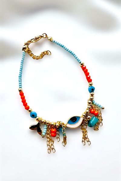 PETEK AKSESUAR Coral Color Naazar Eye Tassel and Wrist Natural Stone