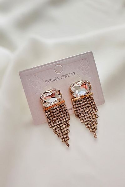 PETEK AKSESUAR Luxury Earrings - Square Rhinestones and Fringe, 4 cm
