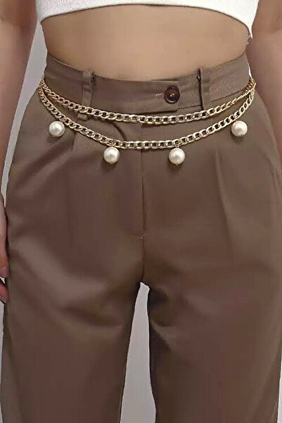 PETEK AKSESUAR Gold Renk Incili 2 Kat Zincir Bel Zinciri Kemer