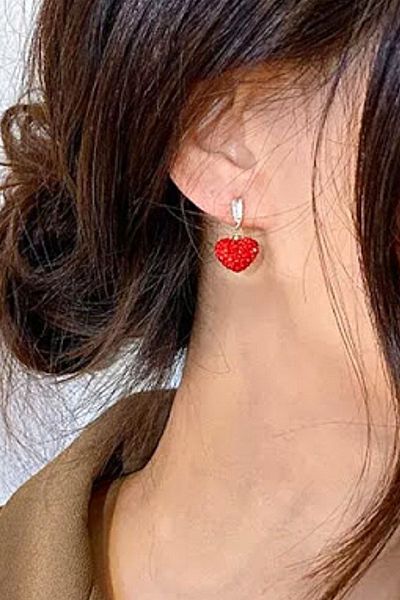 PETEK AKSESUAR Full Rhinestone Mini Red Heart Earrings