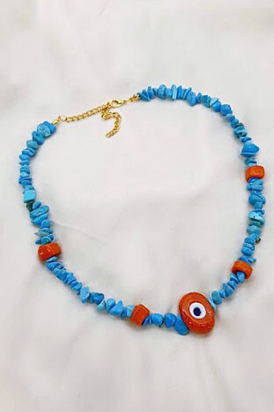 PETEK AKSESUAR Turquoise Orange Glass Natural Stone Necklace with Evil Eye