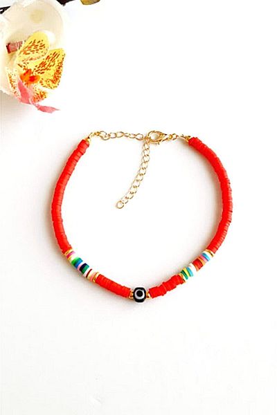 PETEK AKSESUAR Red Fimo Evil Eye Anklet