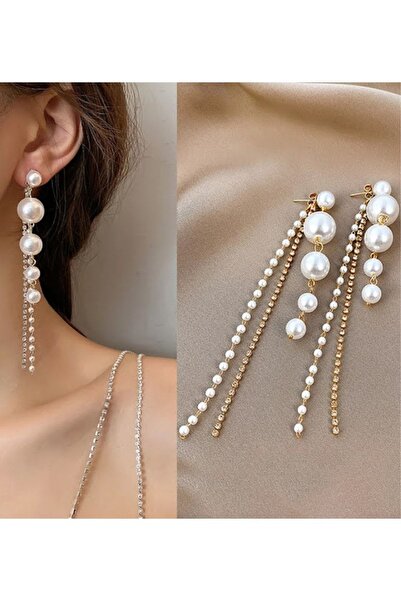 PETEK AKSESUAR Incili Taşlı Uzun Damla Küpe