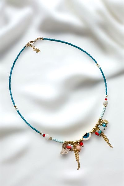 PETEK AKSESUAR Coral Colored Naazar Eye Tassel Natural Stone Necklace