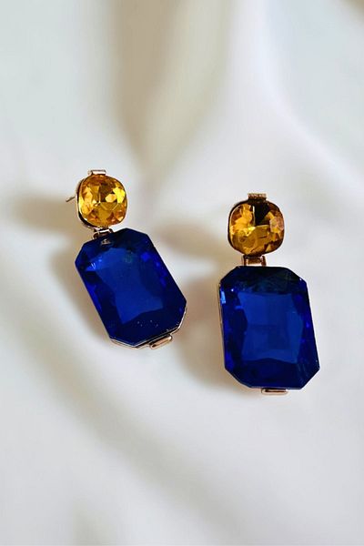 PETEK AKSESUAR Dark Blue Jewelled Yellow Drop Earrings