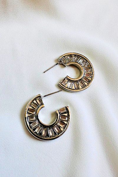 PETEK AKSESUAR Baguette Rhinestone Hoop Earrings