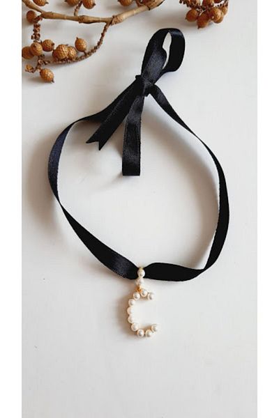 PETEK AKSESUAR Letter C Style Pearl Ribbon Choker Necklace