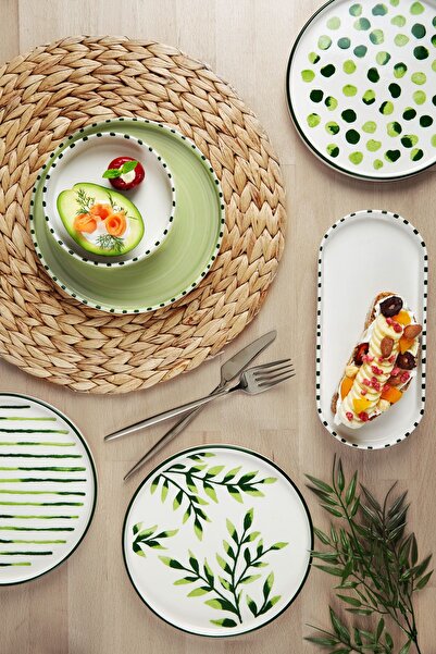 Kitchen Life 22 Parça 12 Kişilik Greentree  Stackable Kahvaltı Takımı - Lüx Kahvaltılık Sunum Seti Tabağı