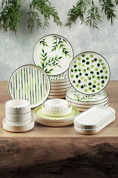 Kitchen Life 22 Pieces 12 Person Greentree Stackable Breakfast Set - Luxury Breakfast Presentation Set Plate