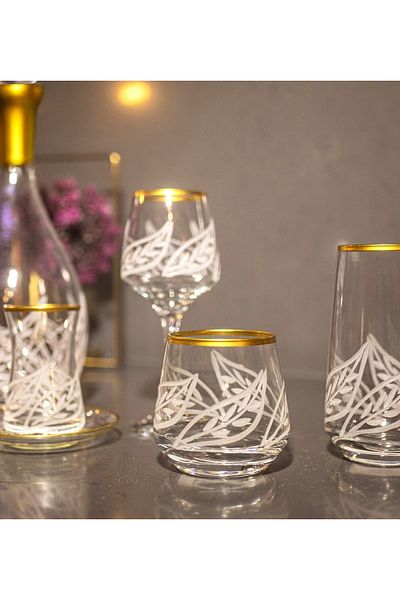 sudeka 12 Person 37 Piece Leaf Hand Decorated Gold Glass Water Cup and Soft Drink Cup Set