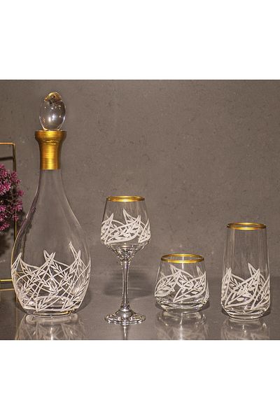 sudeka 12 Person 37 Piece Leaf Hand Decorated Gold Glass Water Cup and Soft Drink Cup Set