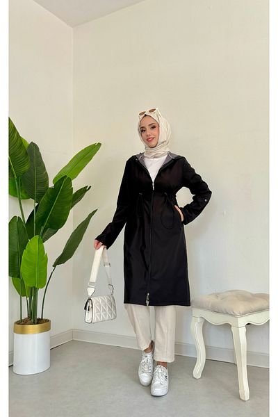 Tesettür Diyarı Women's Black Trench Coat - Zippered, Rubber Waist Detail and Hoodie