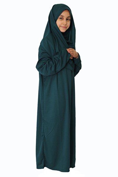 ZEHRANAZ NAMAZ ELBİSESİ Φόρεμα προσευχής χωρίς φερμουάρ σε σκούρο σμαραγδί για παιδιά 9-12 ετών