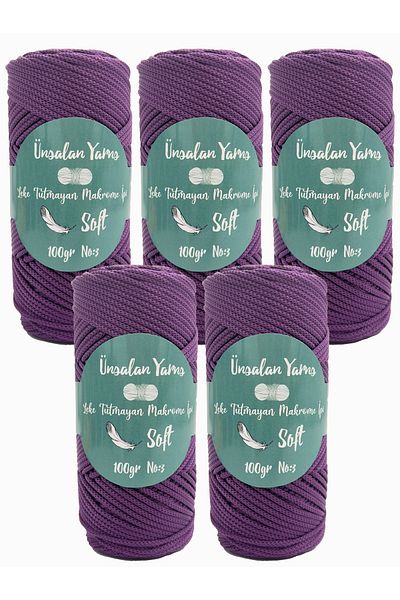 ÜNSALAN HOBİ Premium Polyester 100gr - 5 Pack Μακραμέ Χορδή, Μωβ 120mt 2mm Σχοινί τσάντας Supla Runner