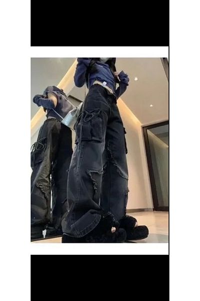 DENOKMODA Y2K Black Recycled Baggily Pocket Star Jean Trousers