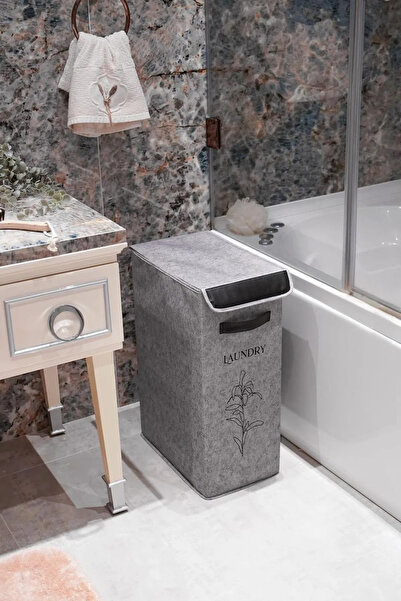 CocoVia Dekoratif Keçe Deri Detaylı Kapaklı Kirli- Temiz Çamaşır Sepeti- Çama...